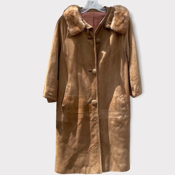 VINTAGE 1960's Suede Leather long Jacket Mink Collar, matching Suede Hat - Picture 1 of 17